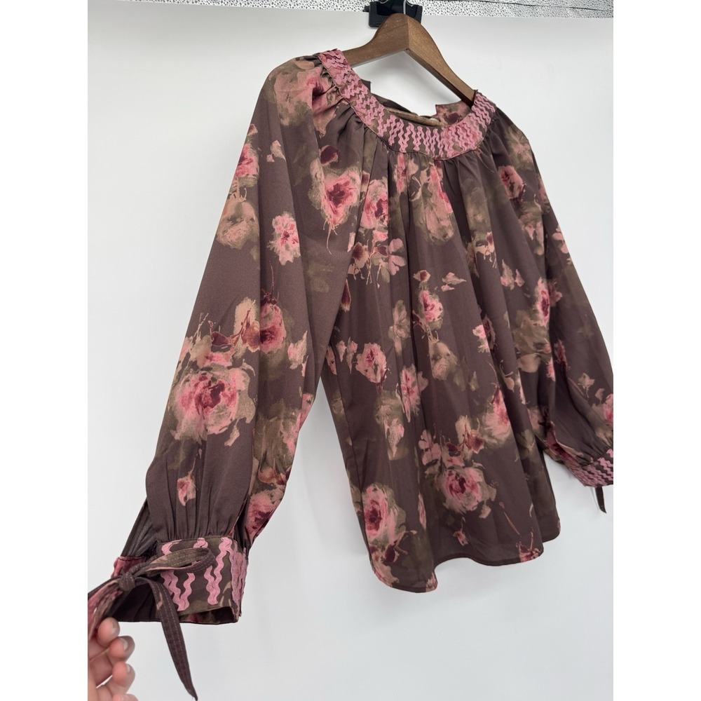ENTRO Long Sleeve Floral Boho brown Blouse Forest Fairy‎ Ric Rack cottagecore M - Picture 2 of 11